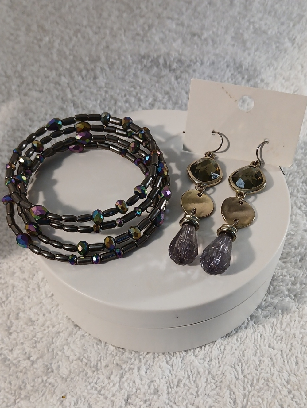Handmade Iridescent Hematite Coil Bracelet and Purple Drop Earrings Set
